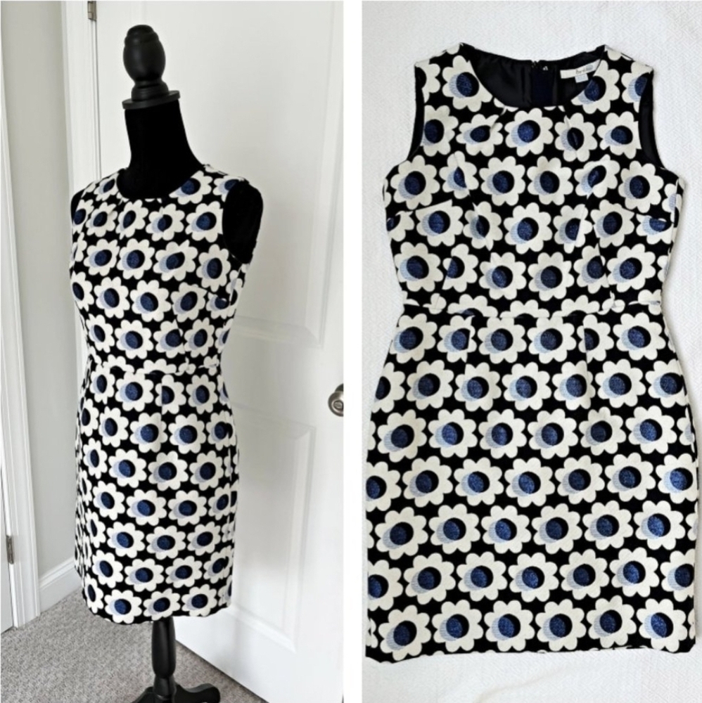 Boden shift dress set-in waist white black royal blue sparkle highlights sz 6P